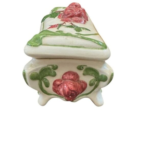 Hand-Painted Ceramic Jewelry Trinket Box With Pink Roses & Green Vines Design - Picture 8 of 12